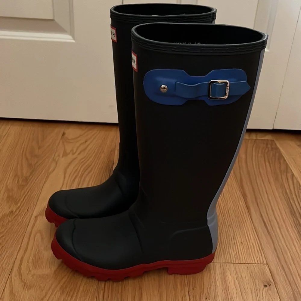 Hunter limited edition red & blue color block reflective boots Sz 5 - Picture 3 of 12